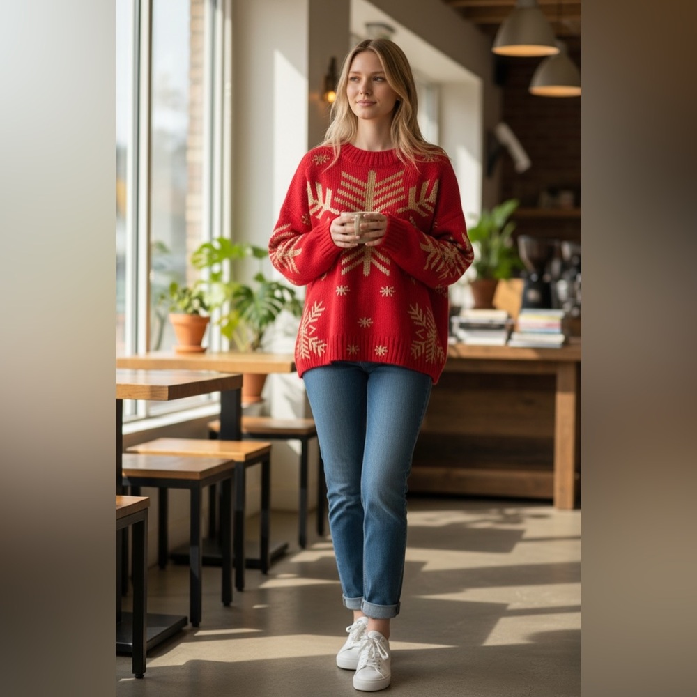 Festive Red and Gold Snowflake Sweater